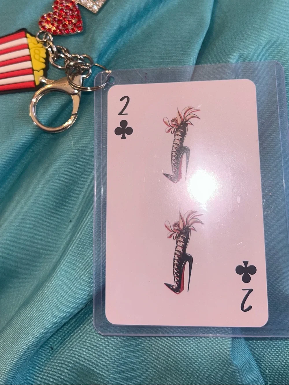 Christian Louboutin 2 of clubs in case  w/LOVE' Keychain &  Popcorn Charm